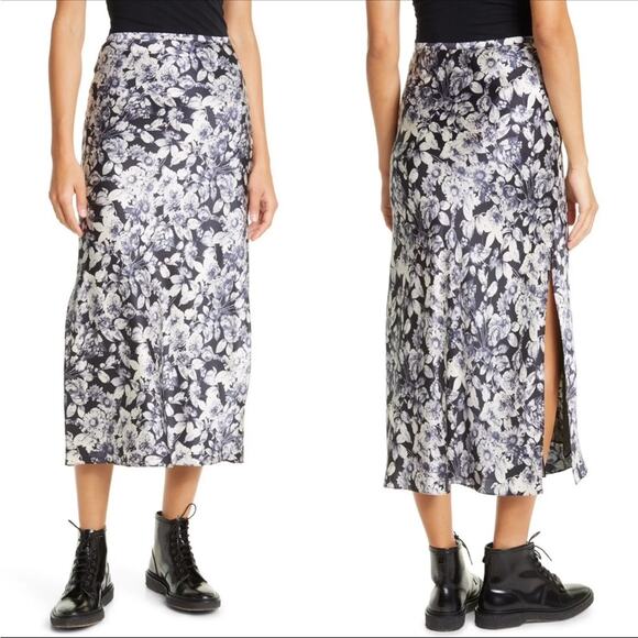 NWOT Cinq a Sept Adis Floral Print Silk Midi Skirt Black Blue Size 00 - Picture 4 of 10